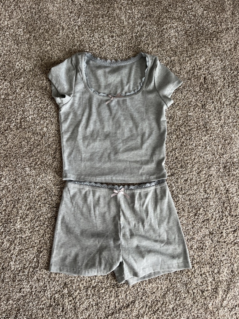Amazon Gray Short Sleeve Lace-Trim Pajama Set